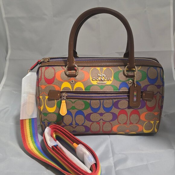 Coach Rowan Satchel in Rainbow Signature Canvas CA615 Khaki Multi - Picture 1 of 8